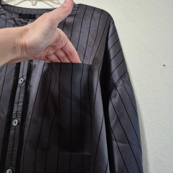 ATM Grey Silk Striped Tuxedo Pajama Blouse Size L Designer WorkMenswearInspired - Picture 5 of 16